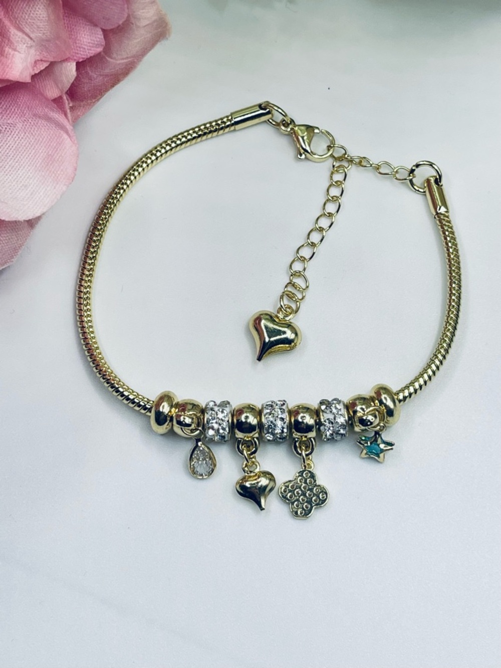 Gold stainless steel Charm Bracelet with Crystal Accents - Picture 2 of 2
